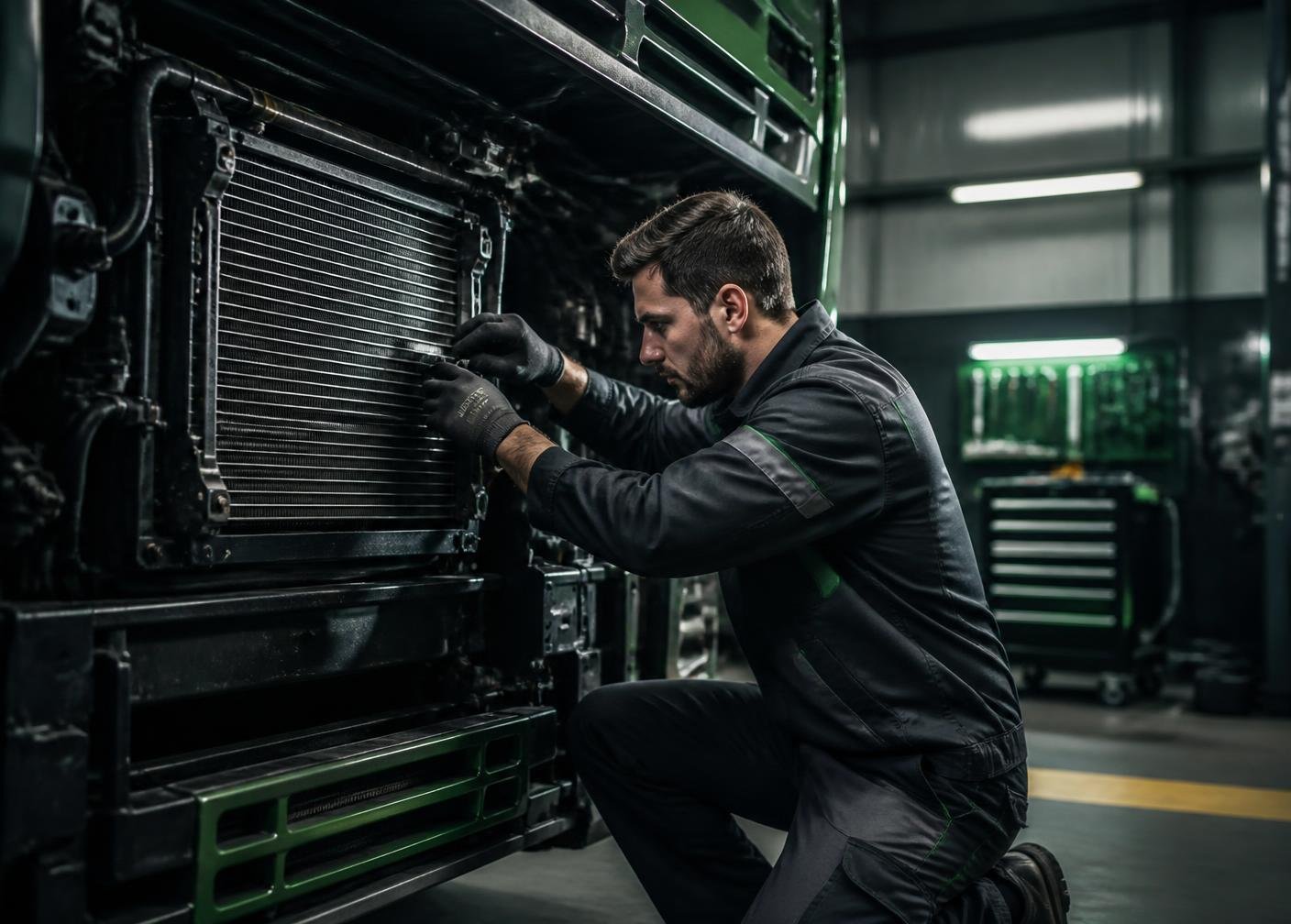 Técnico da Radiadores Brasil realizando manutenção em radiador de veículo pesado